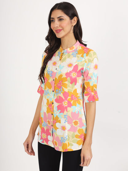 Eshani Yellow Floral Printed Fold Sleeve Rayon Top