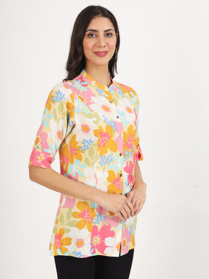 Eshani Yellow Floral Printed Fold Sleeve Rayon Top