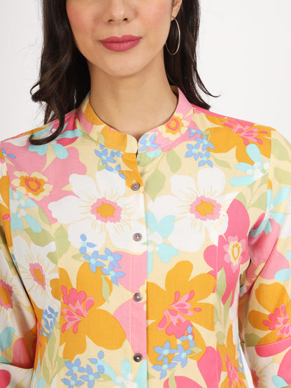 Eshani Yellow Floral Printed Fold Sleeve Rayon Top