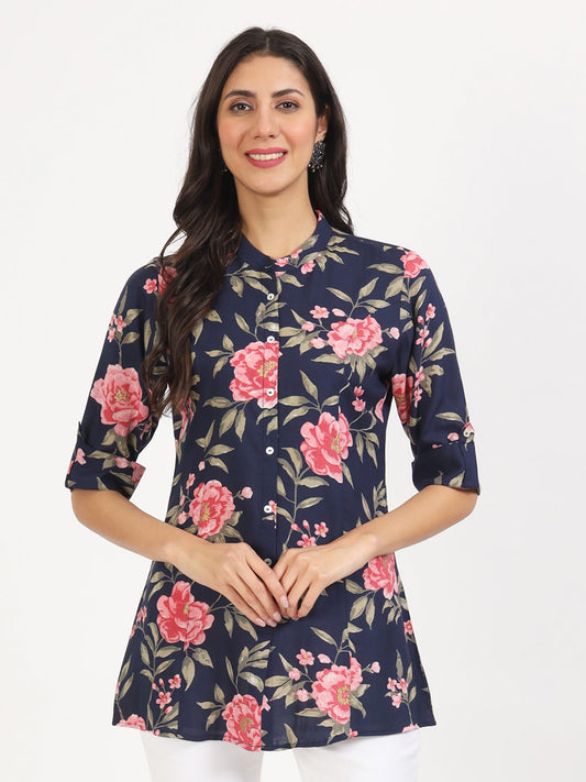 Eshani Navy Blue Floral Printed Rayon Top