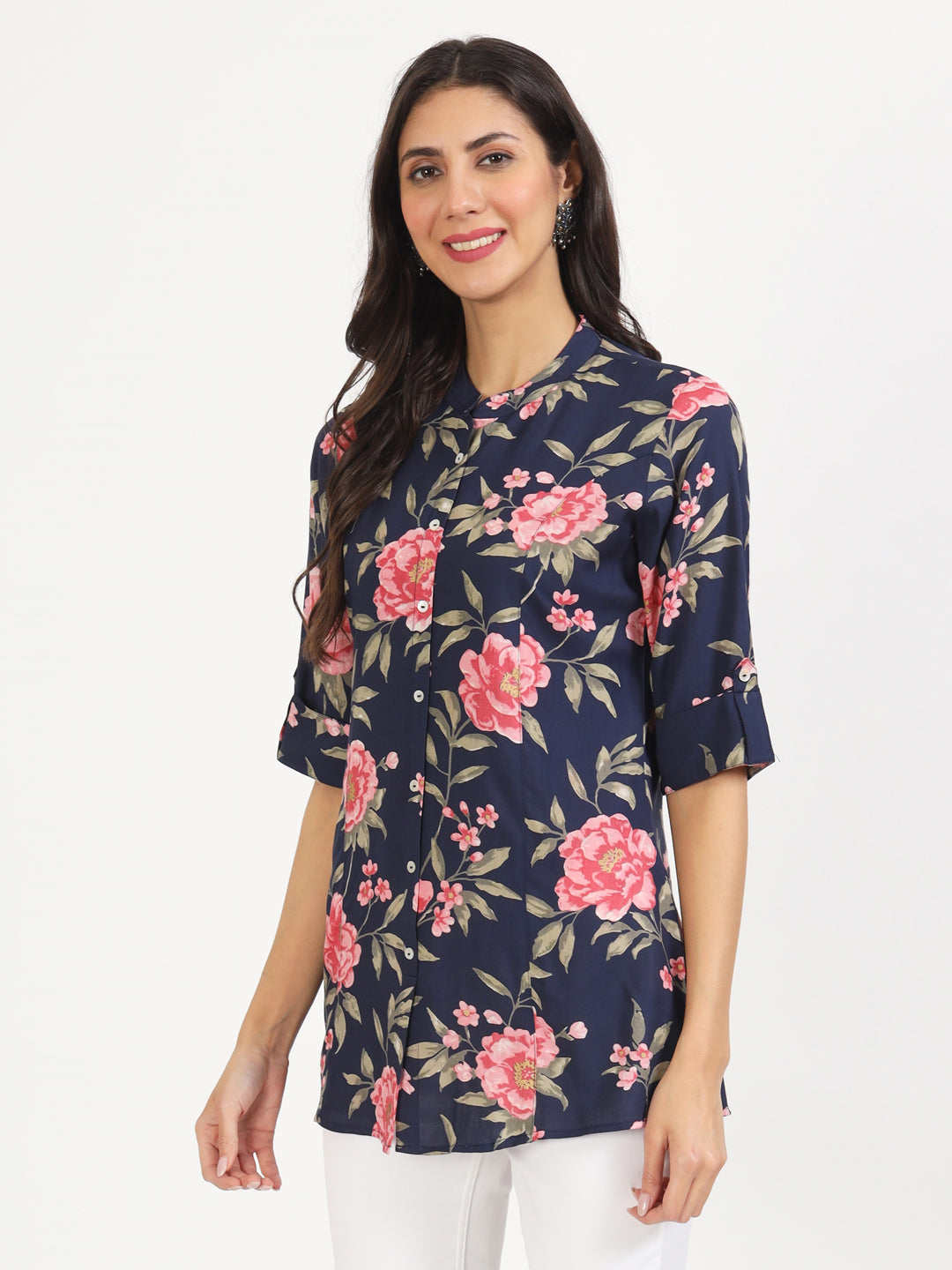 Eshani Navy Blue Floral Printed Rayon Top