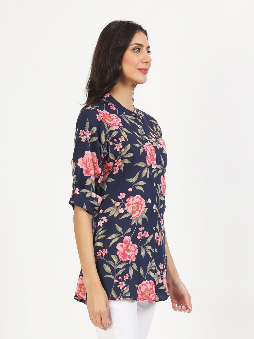 Eshani Navy Blue Floral Printed Rayon Top