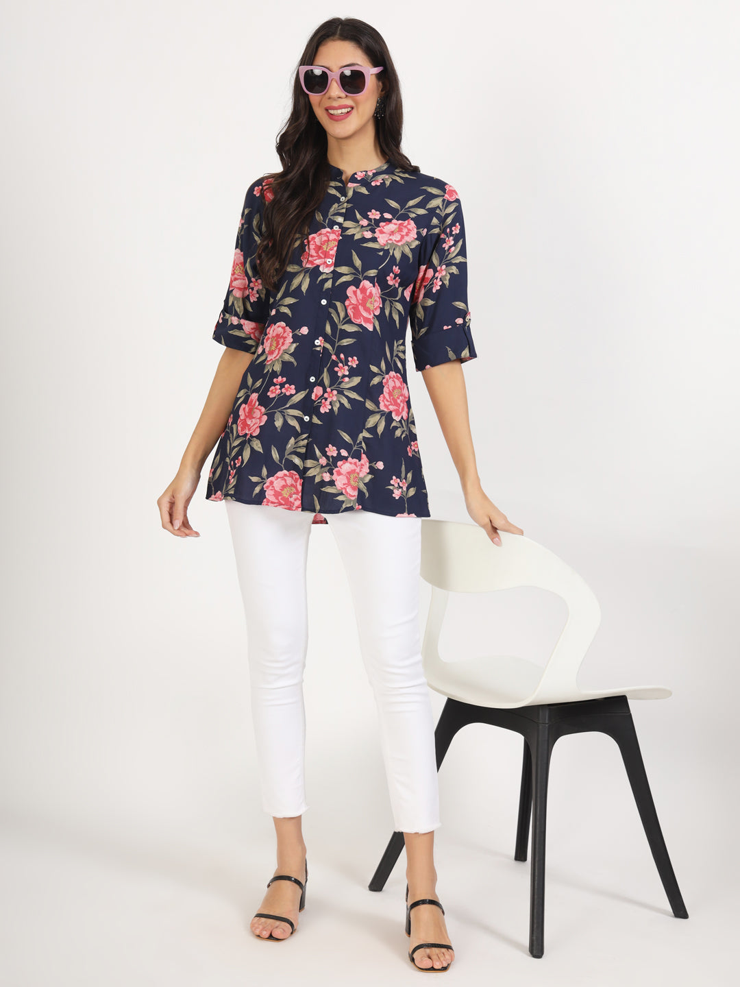 Eshani Navy Blue Floral Printed Rayon Top