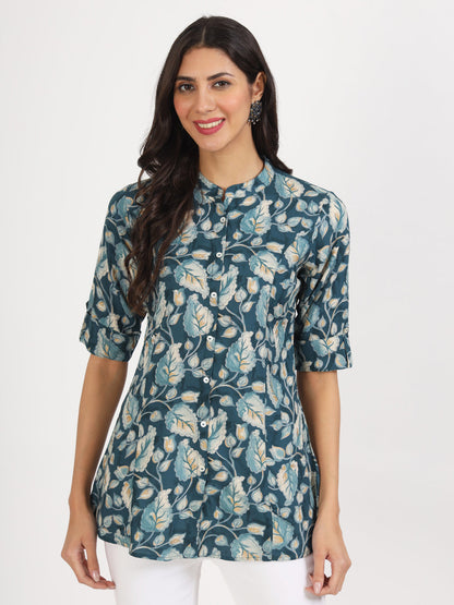 Eshani Bottle Green Floral Printed Rayon Top