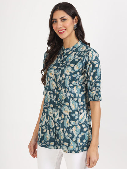 Eshani Bottle Green Floral Printed Rayon Top