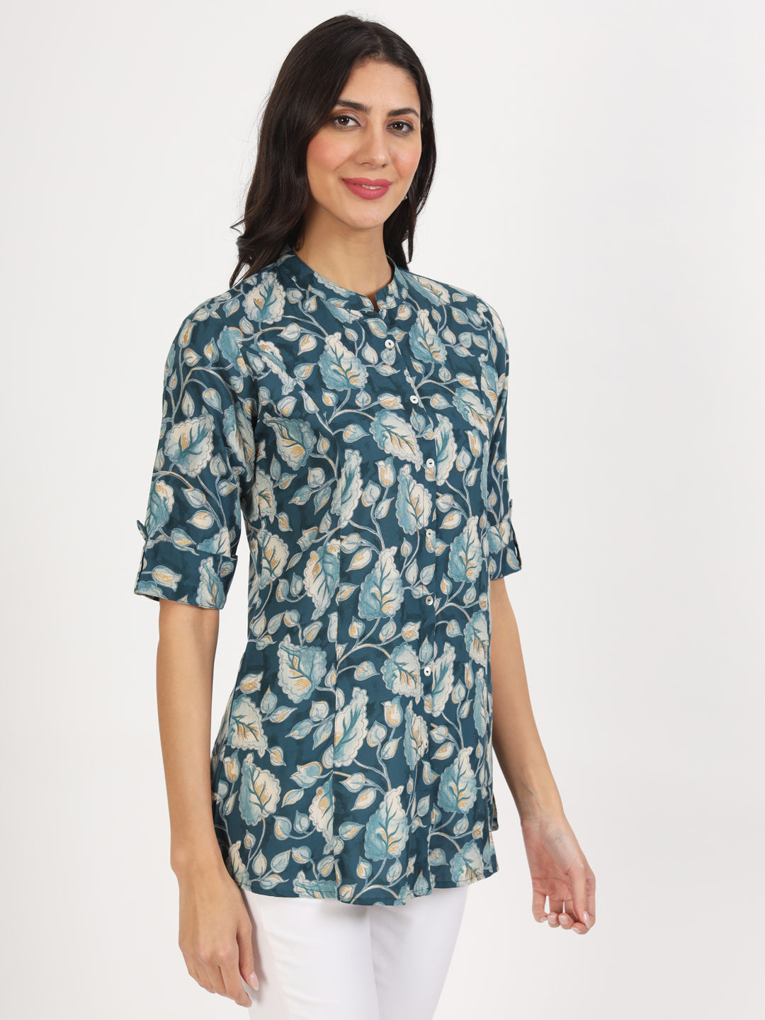 Eshani Bottle Green Floral Printed Rayon Top