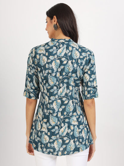 Eshani Bottle Green Floral Printed Rayon Top