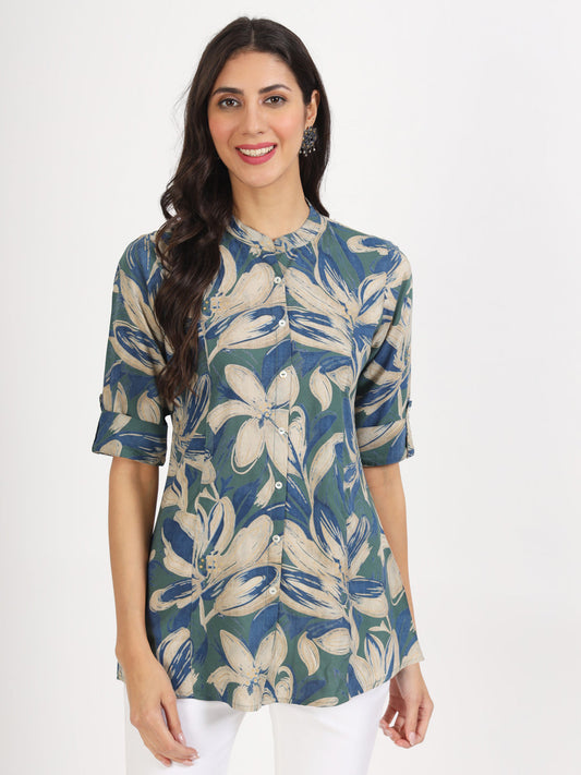 Eshani Green Blue Floral Printed Rayon Top