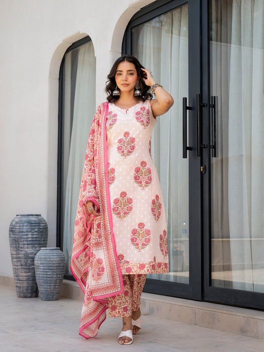 Eshani Pink Floral Printed Cotton Straight Fit Kurta Pant Set