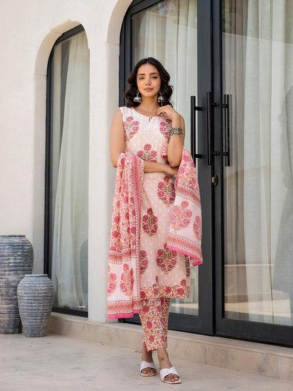 Eshani Pink Floral Printed Cotton Straight Fit Kurta Pant Set