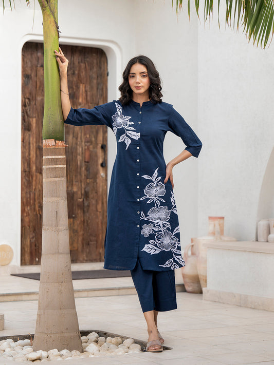 Eshani Navy Blue Floral Printed Cotton A-line Fit Kurta Pant Set