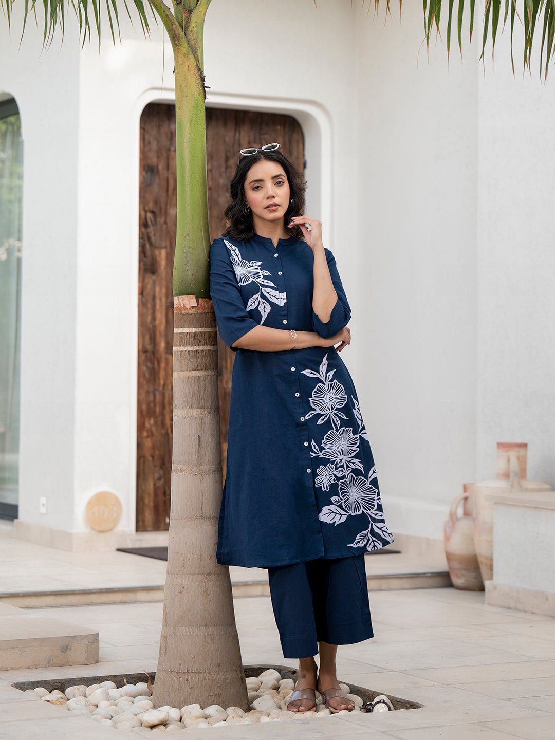 Eshani Navy Blue Floral Printed Cotton A-line Fit Kurta Pant Set