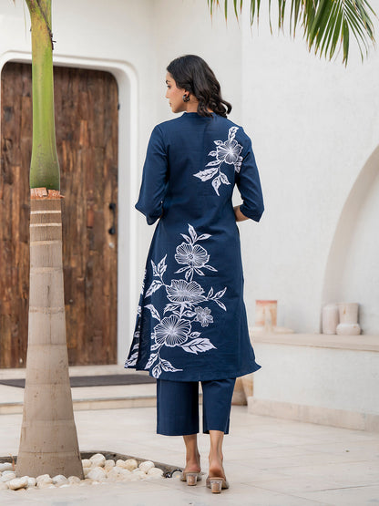 Eshani Navy Blue Floral Printed Cotton A-line Fit Kurta Pant Set