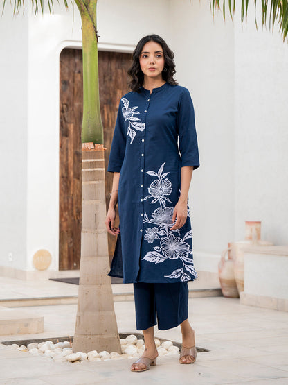 Eshani Navy Blue Floral Printed Cotton A-line Fit Kurta Pant Set