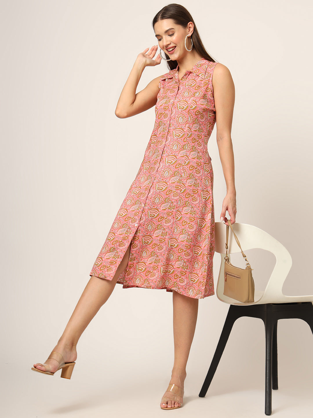 ESHANI Pink Floral Print A-Line Midi Dress