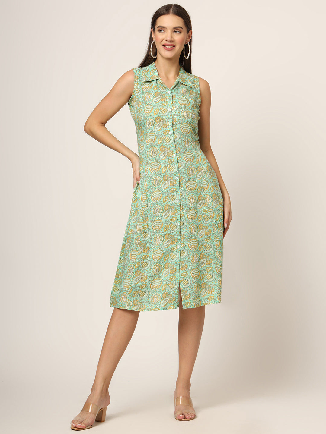 ESHANI Green Floral Print A-Line Midi Dress