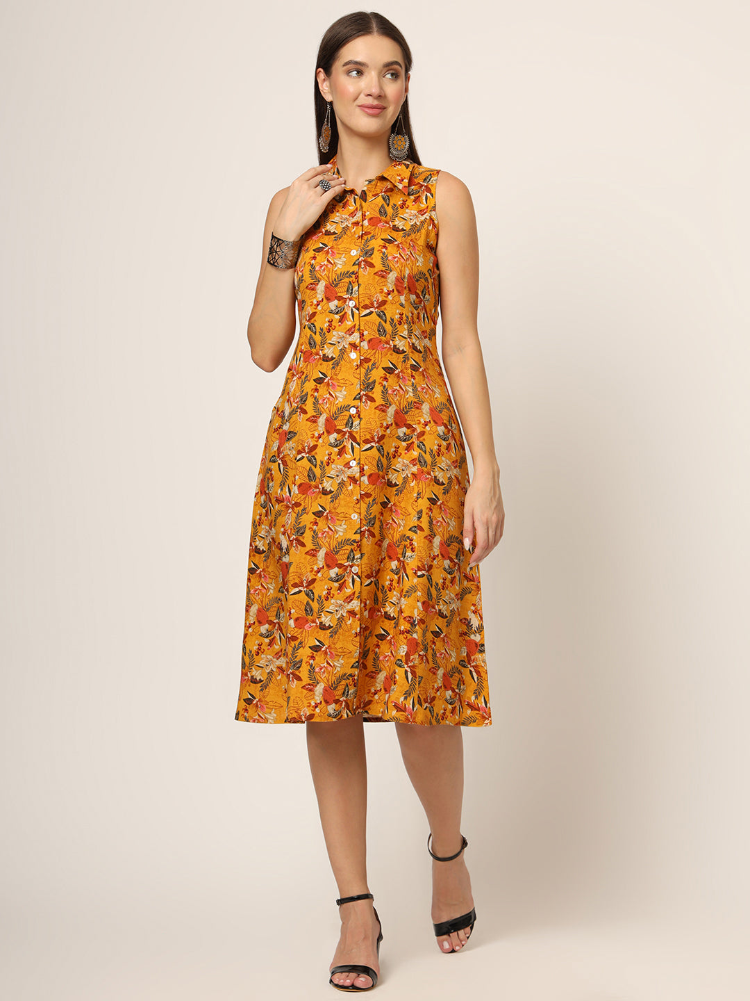 ESHANI Yellow Floral Print A-Line Midi Dress