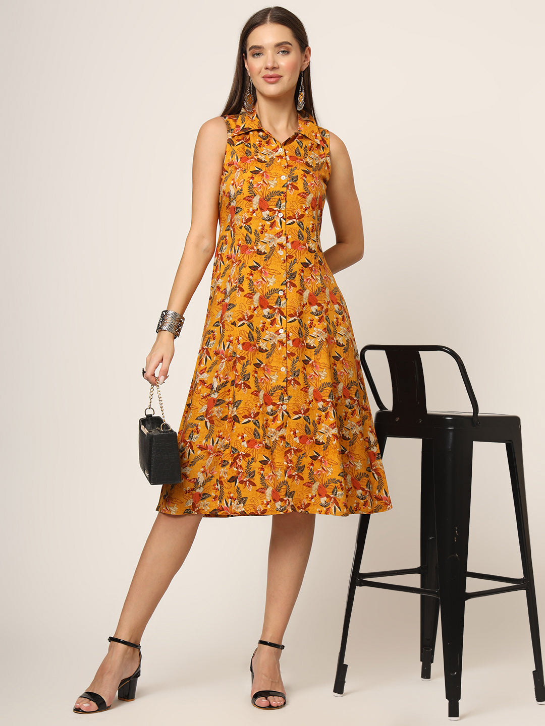 ESHANI Yellow Floral Print A-Line Midi Dress