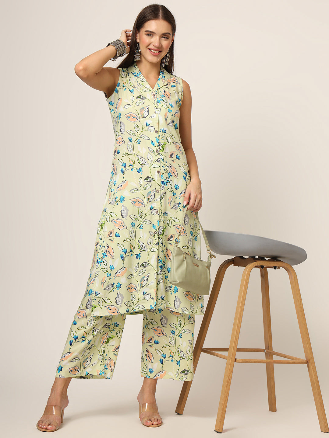 ESHANI Cream Printed Rayon Fabric Straight Kurta