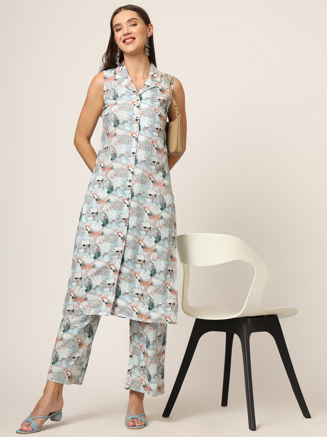 ESHANI Sky Blue Printed Rayon Fabric Straight Kurta