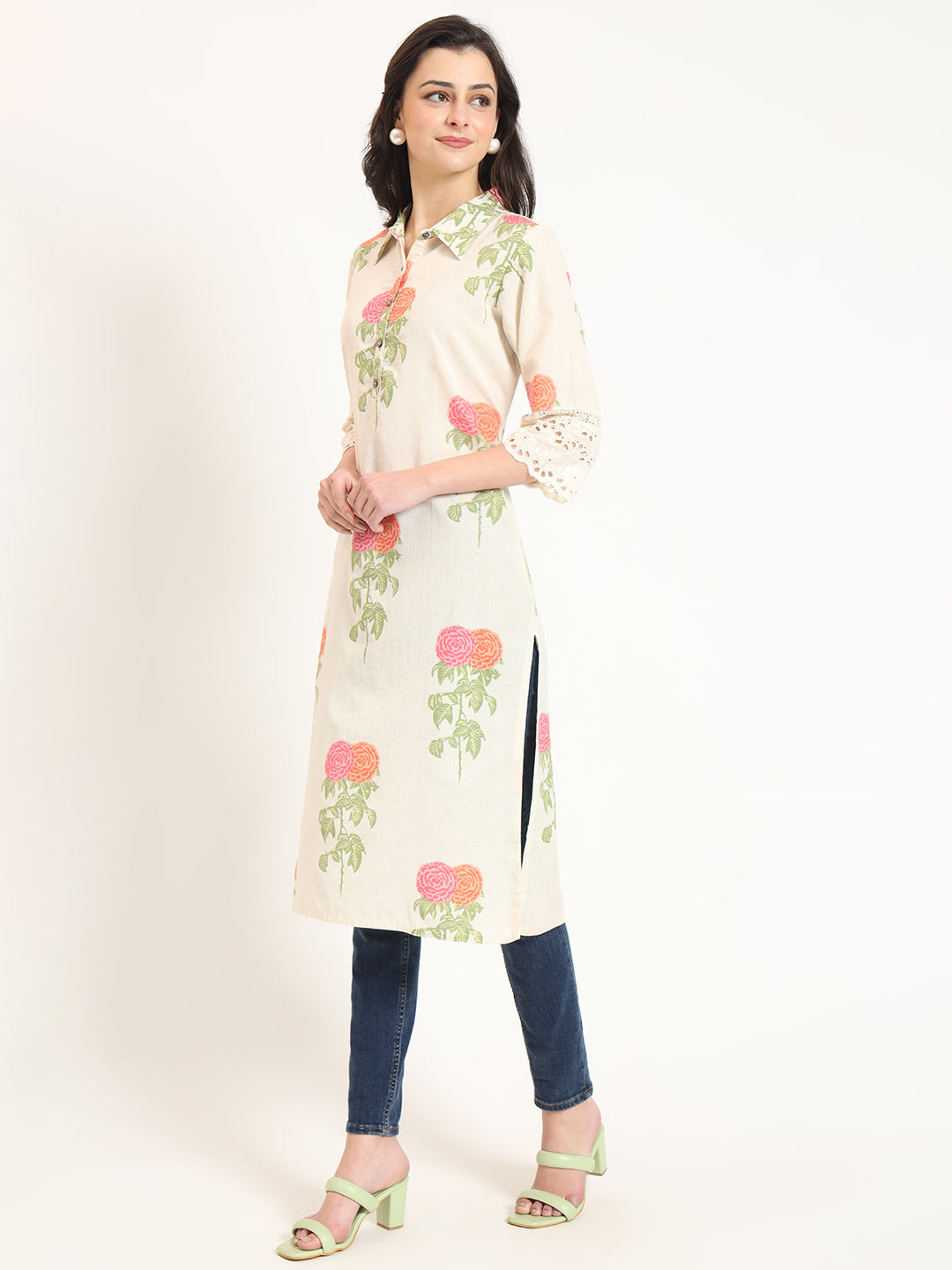 ESHANI Cream Pink Floral Print Cotton Fabric Kurta