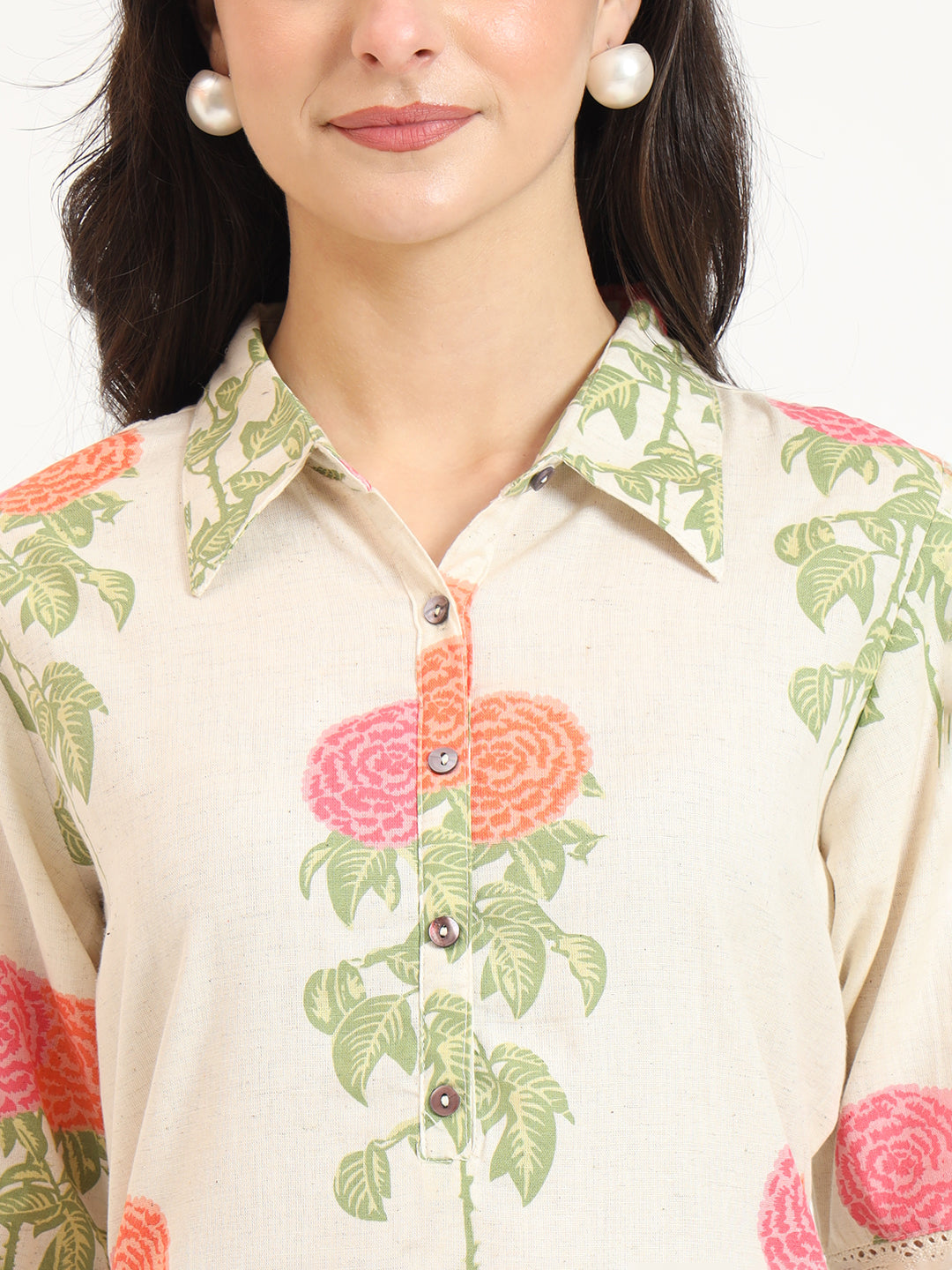 ESHANI Cream Pink Floral Print Cotton Fabric Kurta
