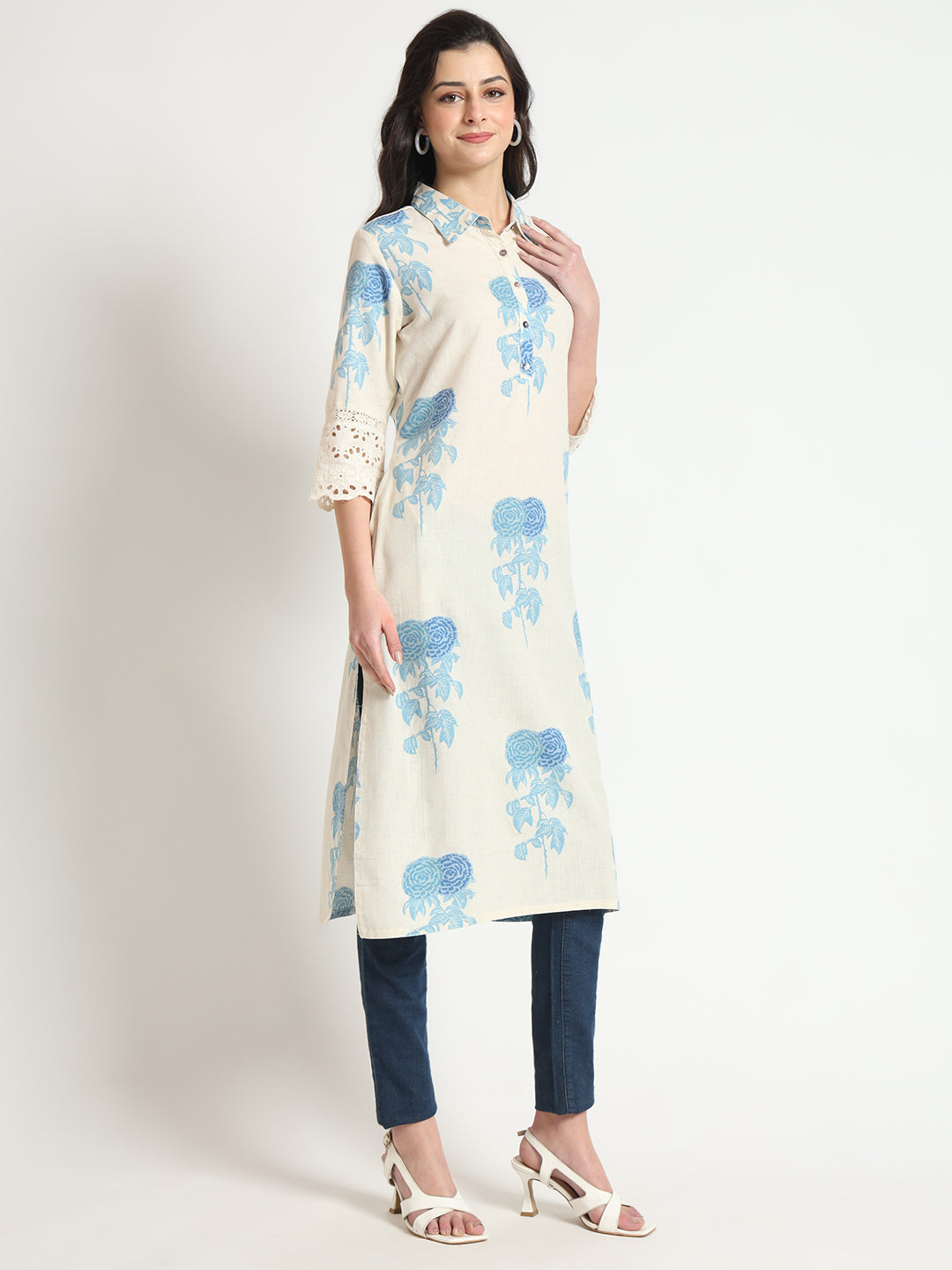 ESHANI Cream Blue Floral Print Cotton Fabric A-Line Kurta