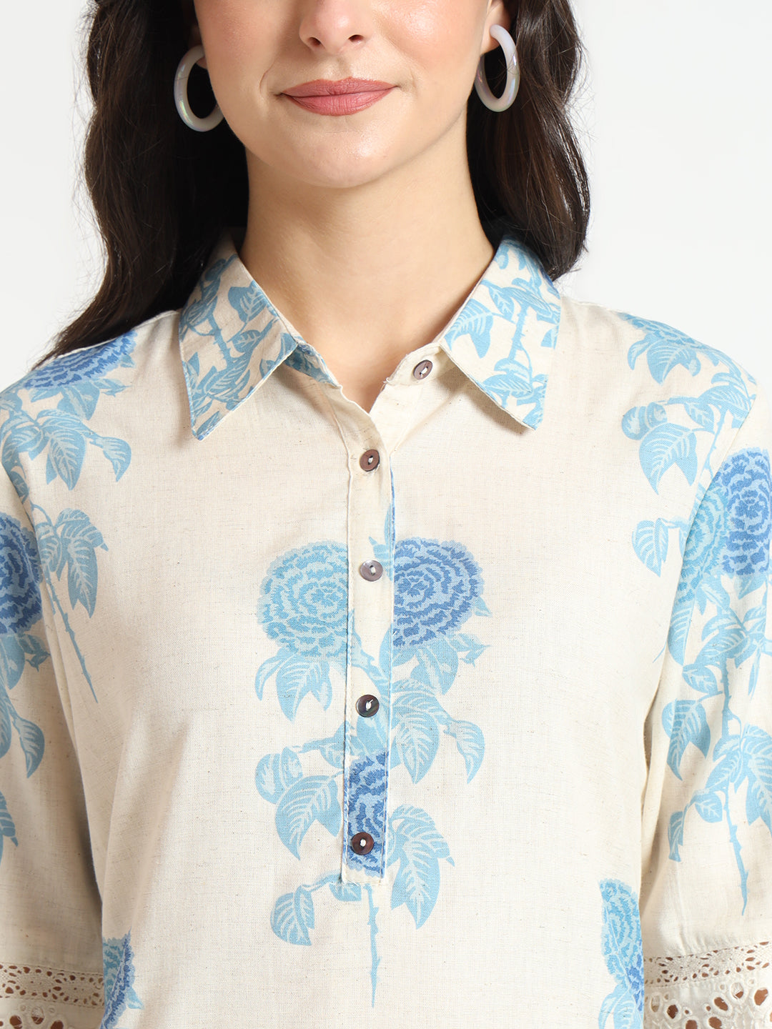 ESHANI Cream Blue Floral Print Cotton Fabric A-Line Kurta