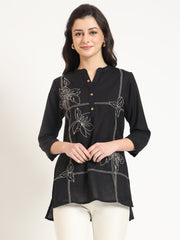ESHANI Black Embroidery Cotton Fabric Satraight Top