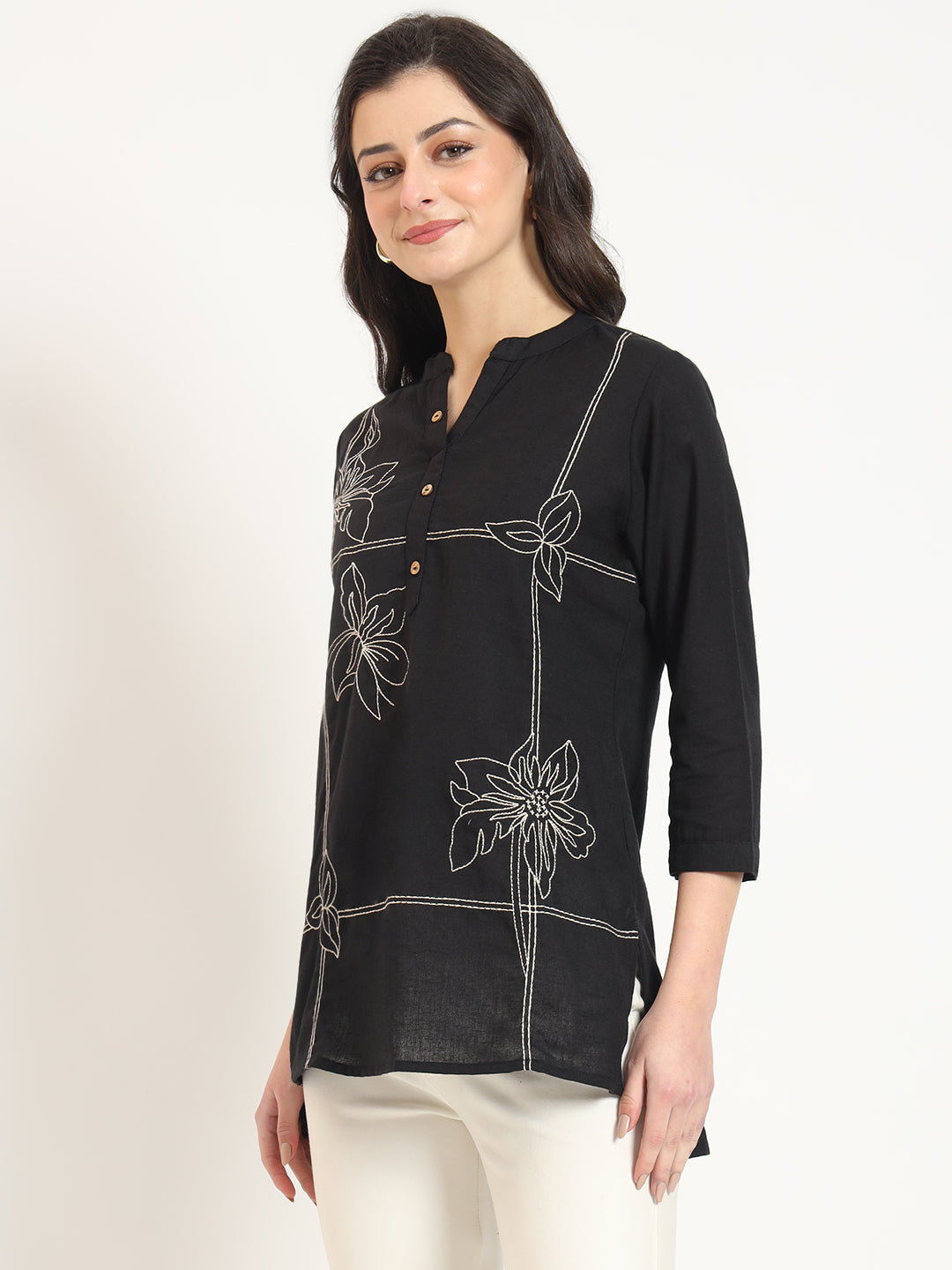 ESHANI Black Embroidery Cotton Fabric Satraight Top