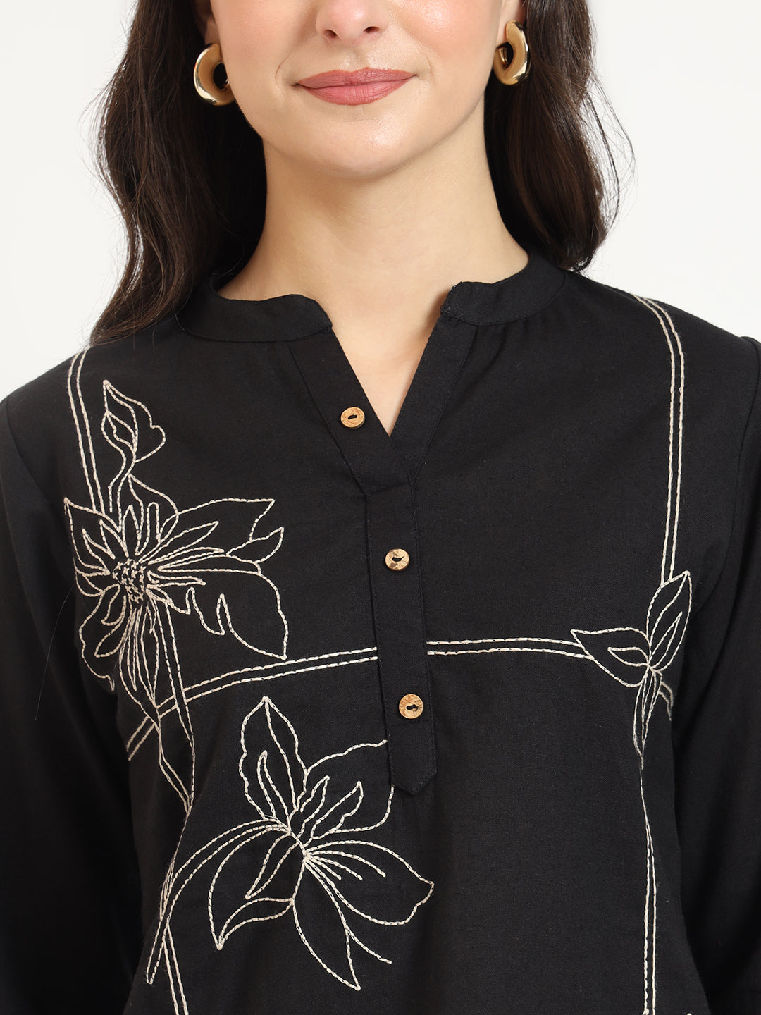 ESHANI Black Embroidery Cotton Fabric Satraight Top
