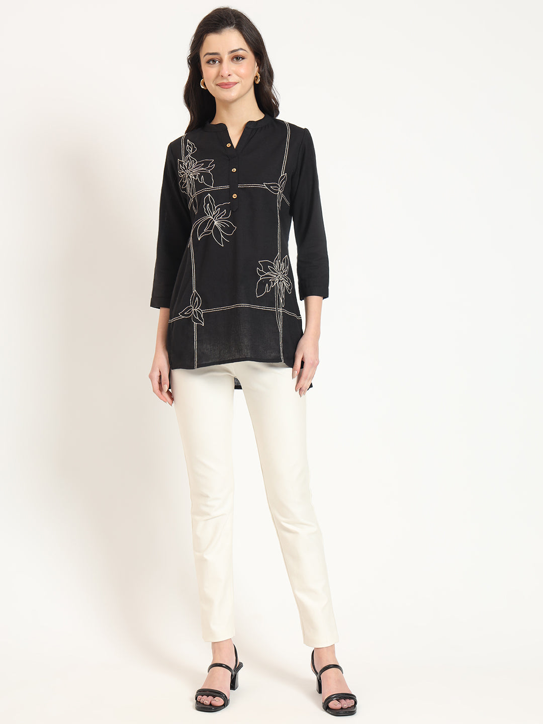 ESHANI Black Embroidery Cotton Fabric Satraight Top