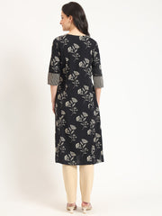 ESHANI Black Floral Print Cotton Fabric A-line Kurta