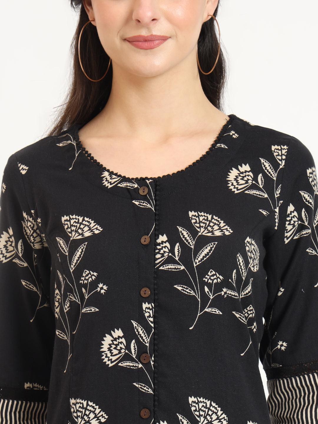 ESHANI Black Floral Print Cotton Fabric A-line Kurta