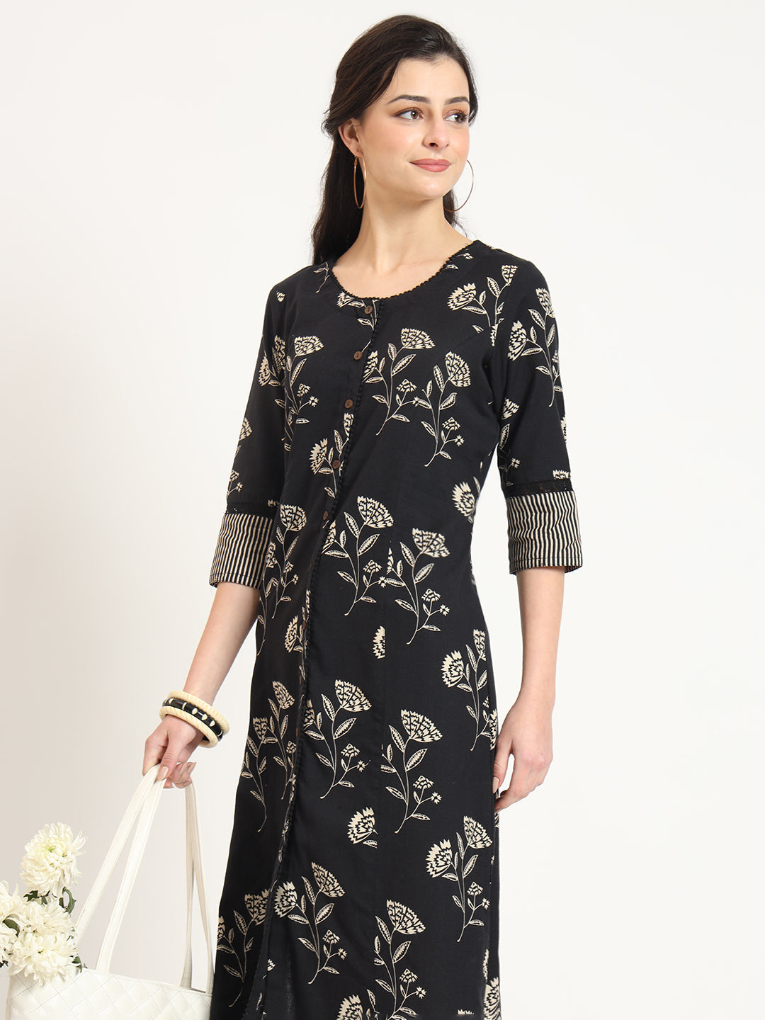 ESHANI Black Floral Print Cotton Fabric A-line Kurta