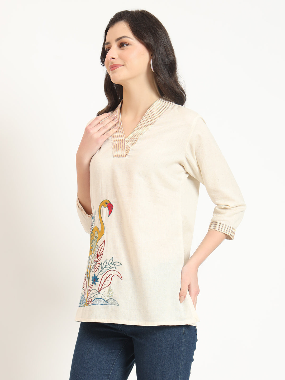ESHANI Off White Cotton V-Neck Embroidery Top