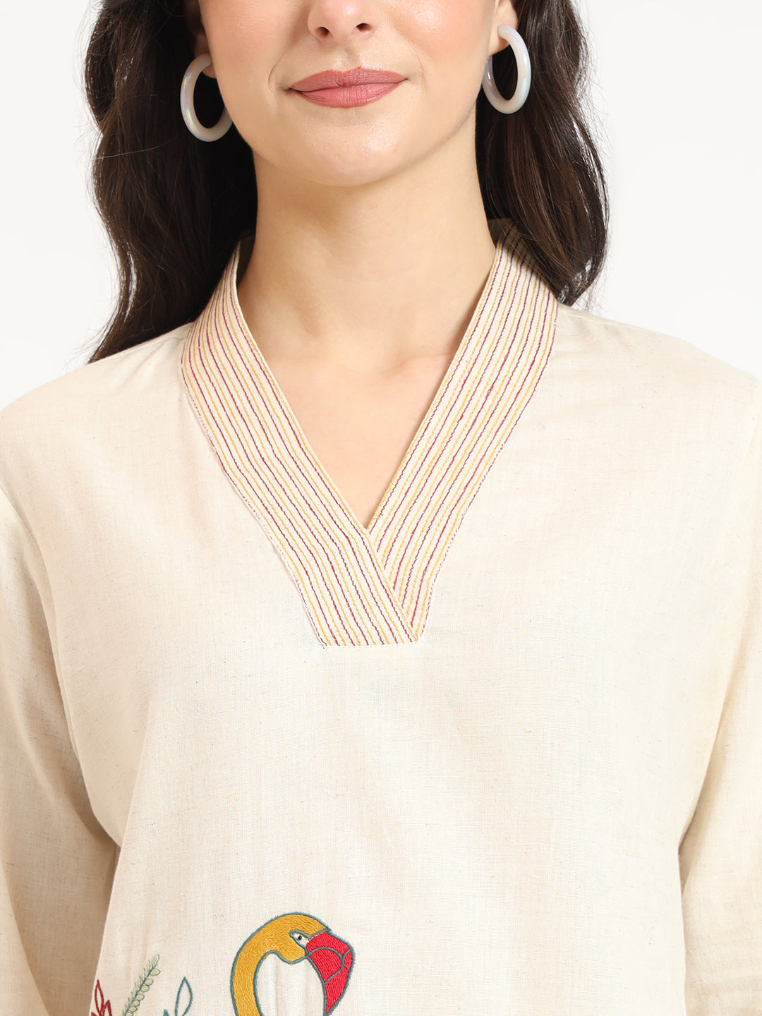 ESHANI Off White Cotton V-Neck Embroidery Top