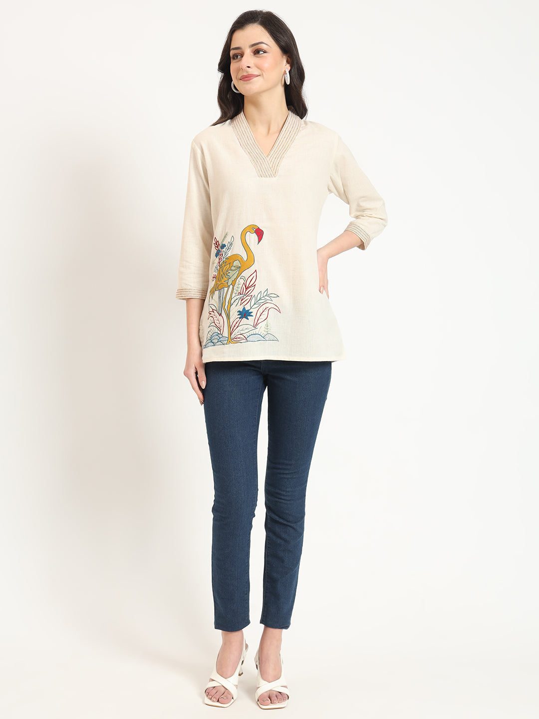 ESHANI Off White Cotton V-Neck Embroidery Top
