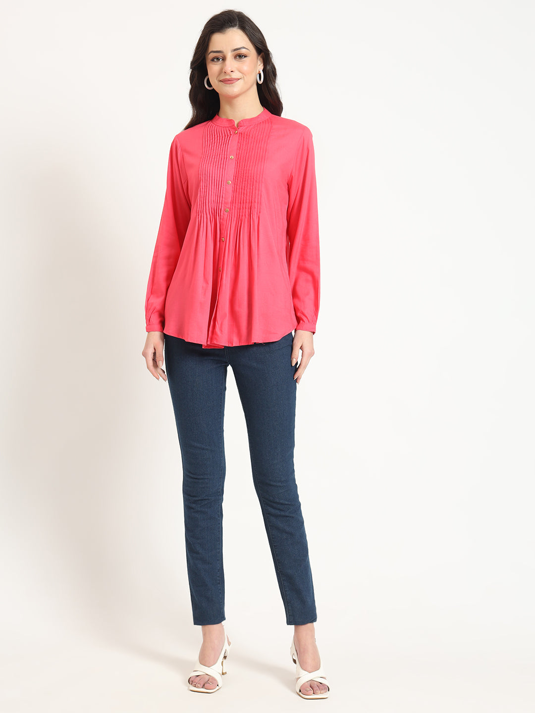 ESHANI Peach Solid Print Rayon Fabric Straight Top