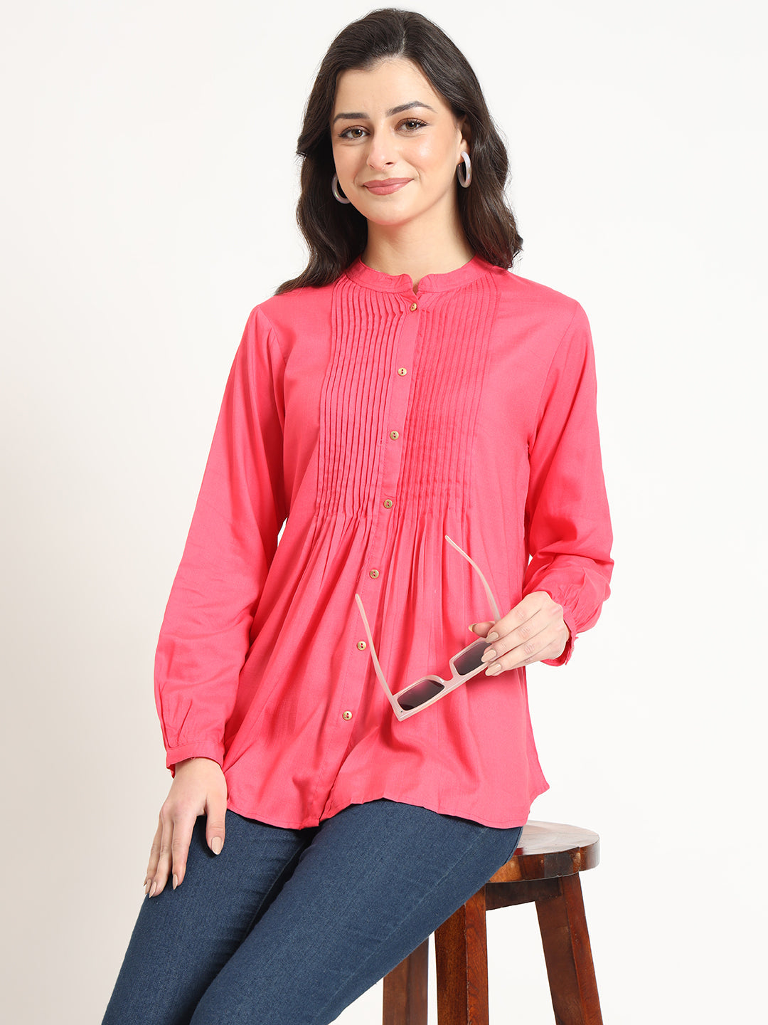 ESHANI Peach Solid Print Rayon Fabric Straight Top