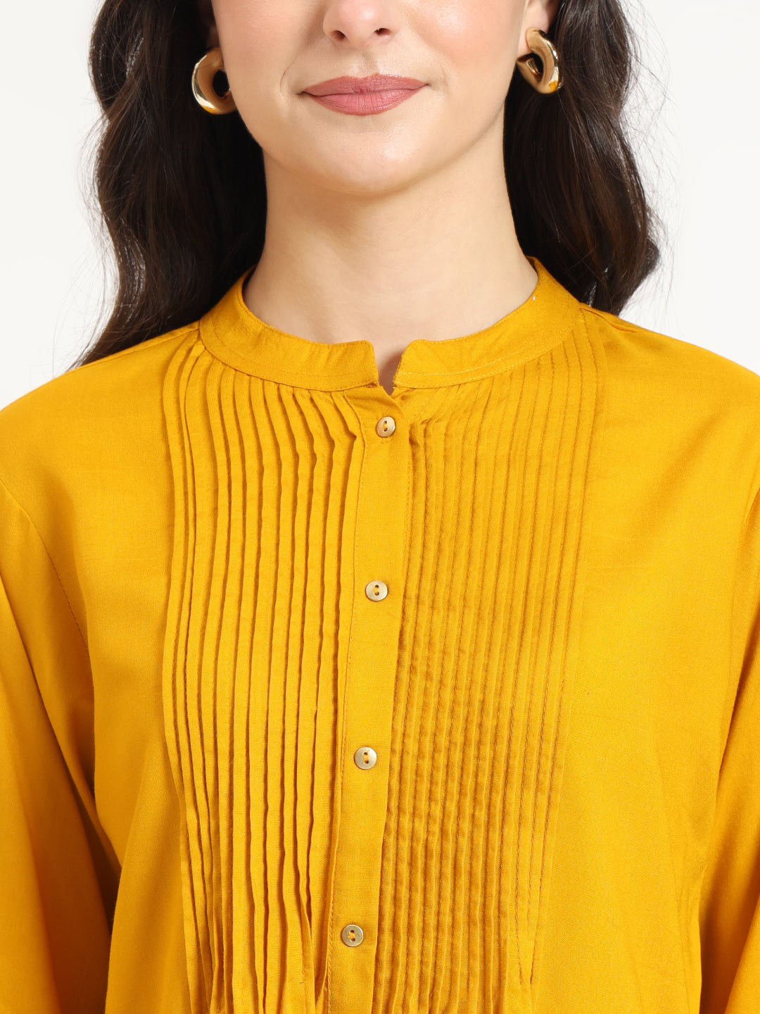 ESHANI Mustard Solid Print Rayon Fabric Straight Top