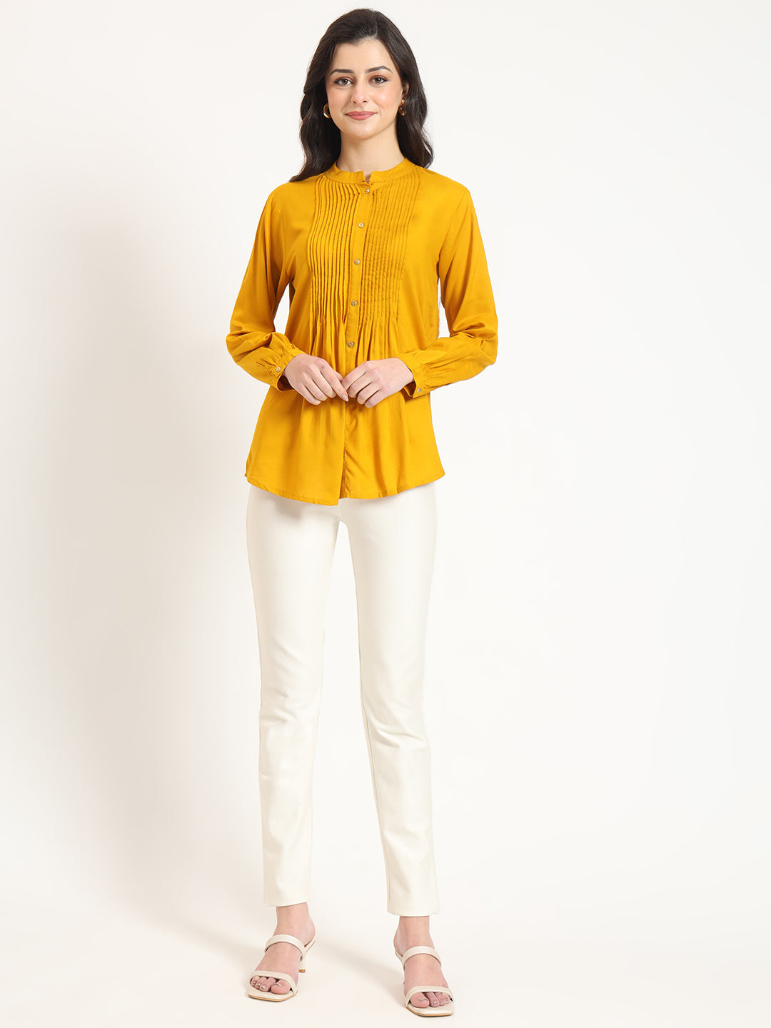 ESHANI Mustard Solid Print Rayon Fabric Straight Top