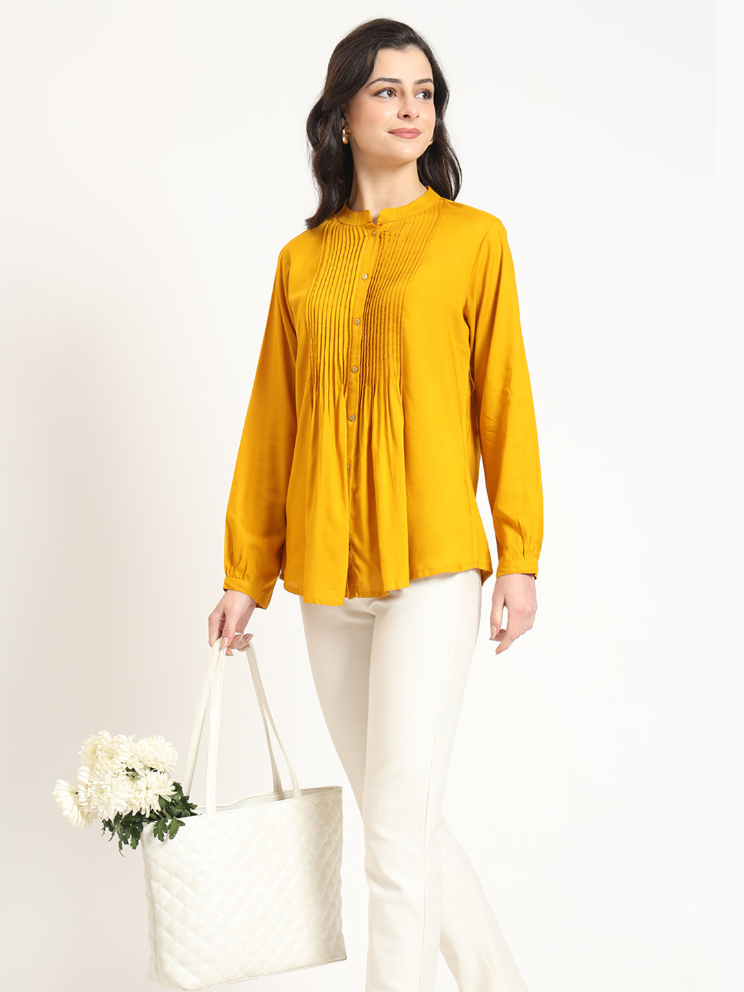 ESHANI Mustard Solid Print Rayon Fabric Straight Top