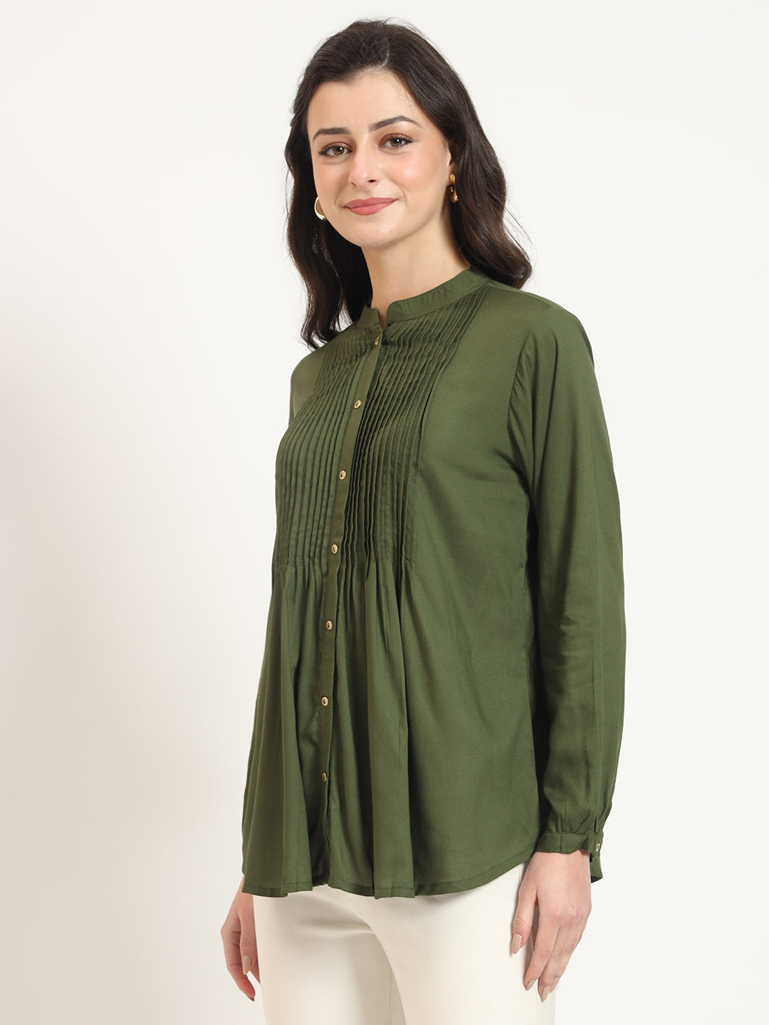 ESHANI Olive Solid Print Rayon Pintuck Detailing Top