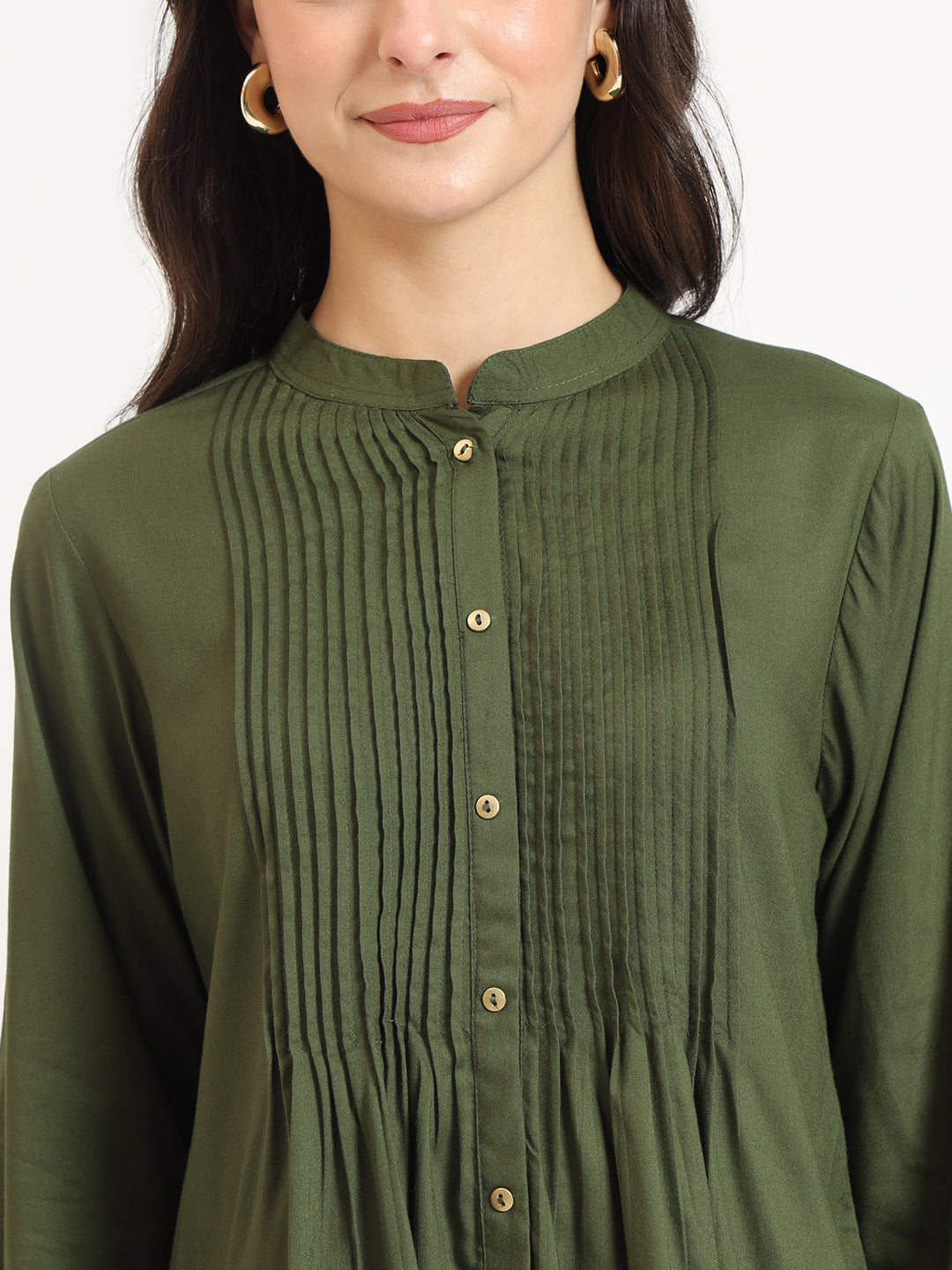 ESHANI Olive Solid Print Rayon Pintuck Detailing Top