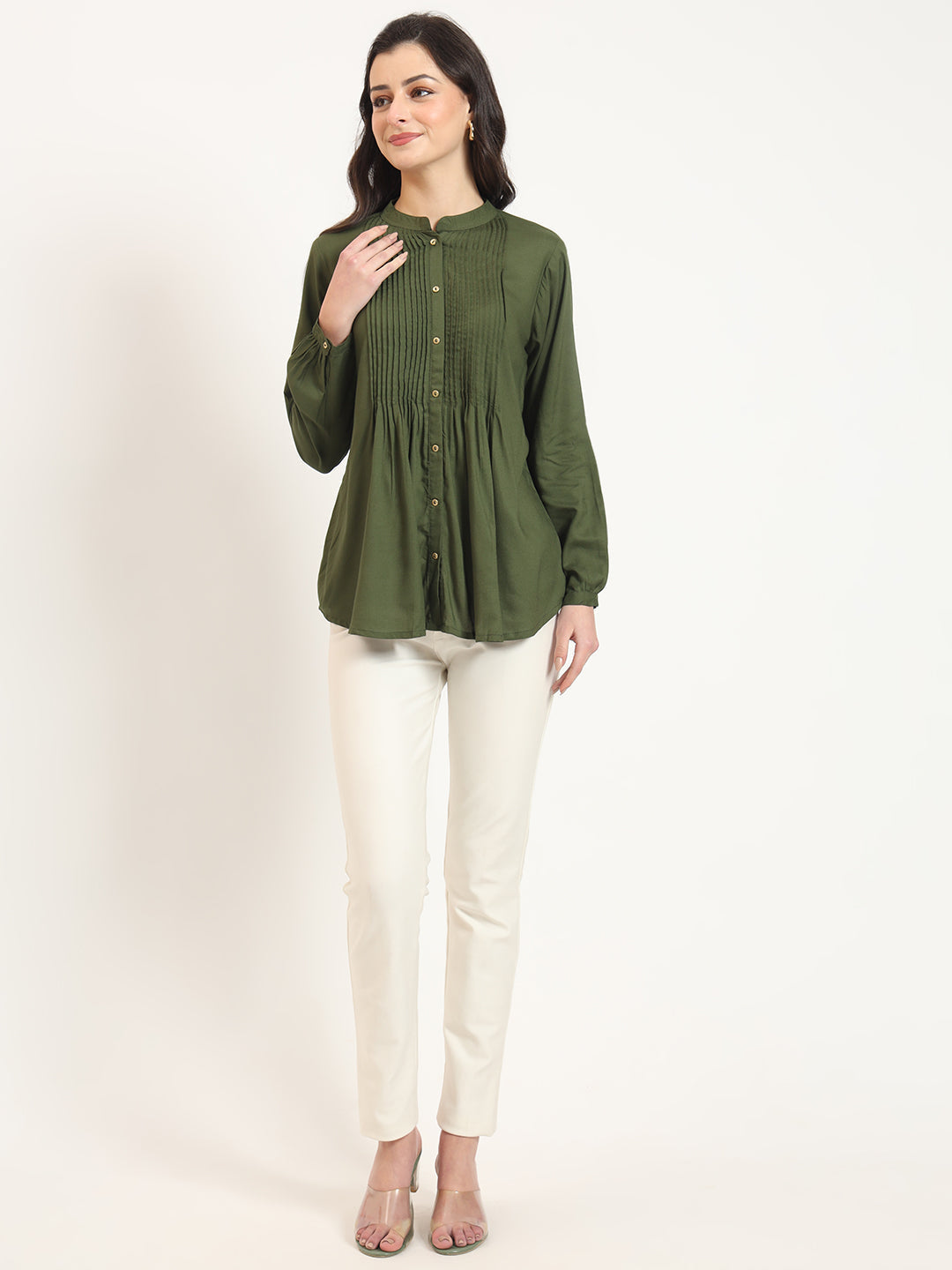 ESHANI Olive Solid Print Rayon Pintuck Detailing Top