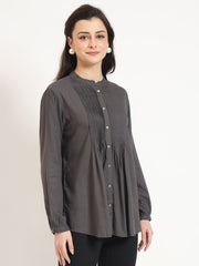 ESHANI Grey Solid Print Rayon Fabric Straight Top
