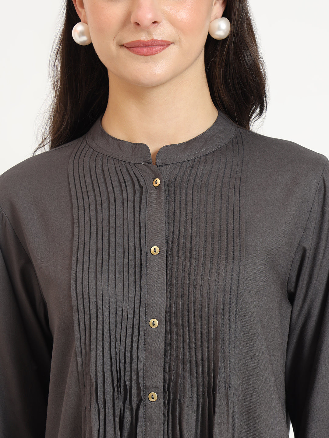 ESHANI Grey Solid Print Rayon Fabric Straight Top