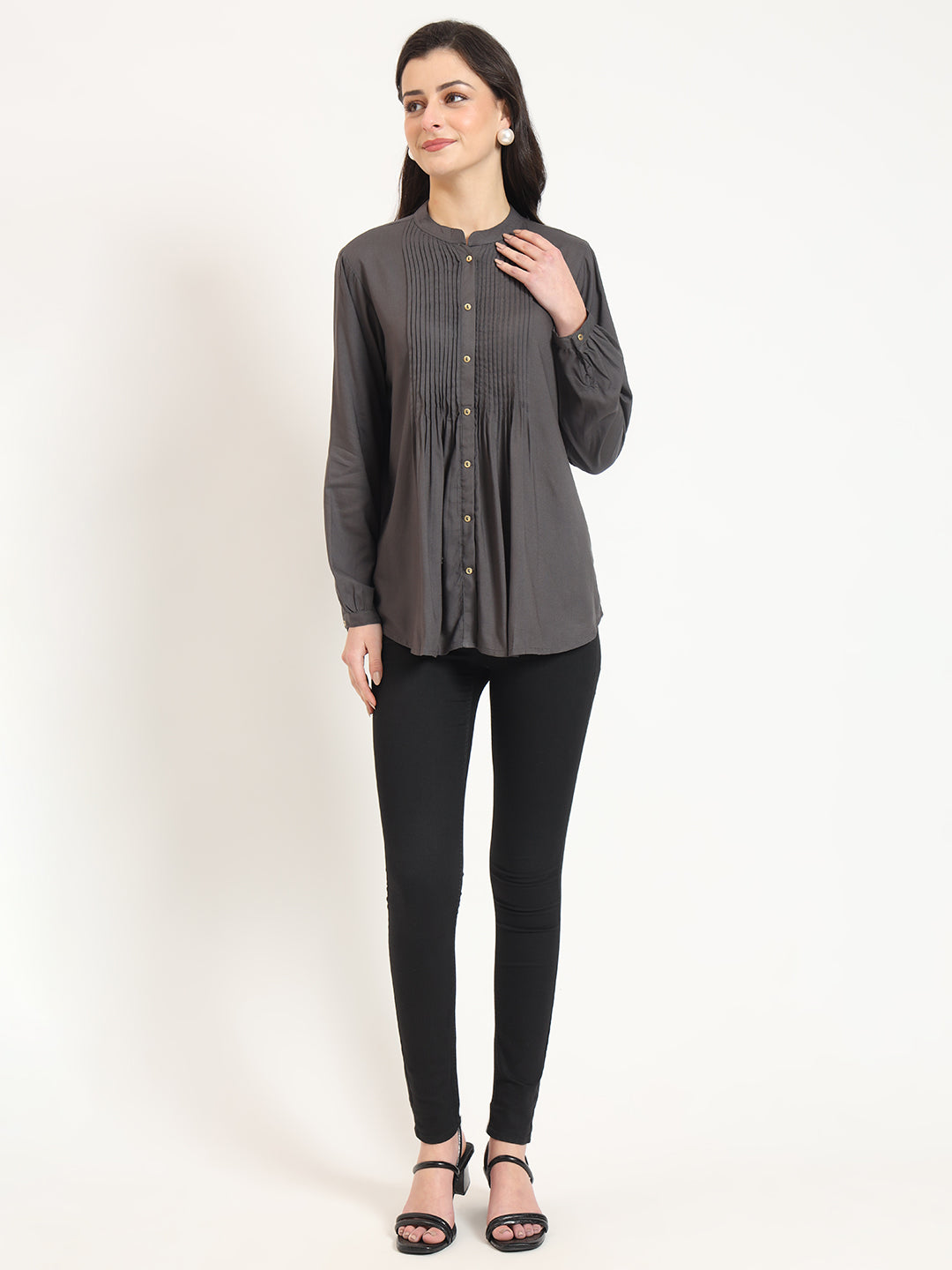 ESHANI Grey Solid Print Rayon Fabric Straight Top