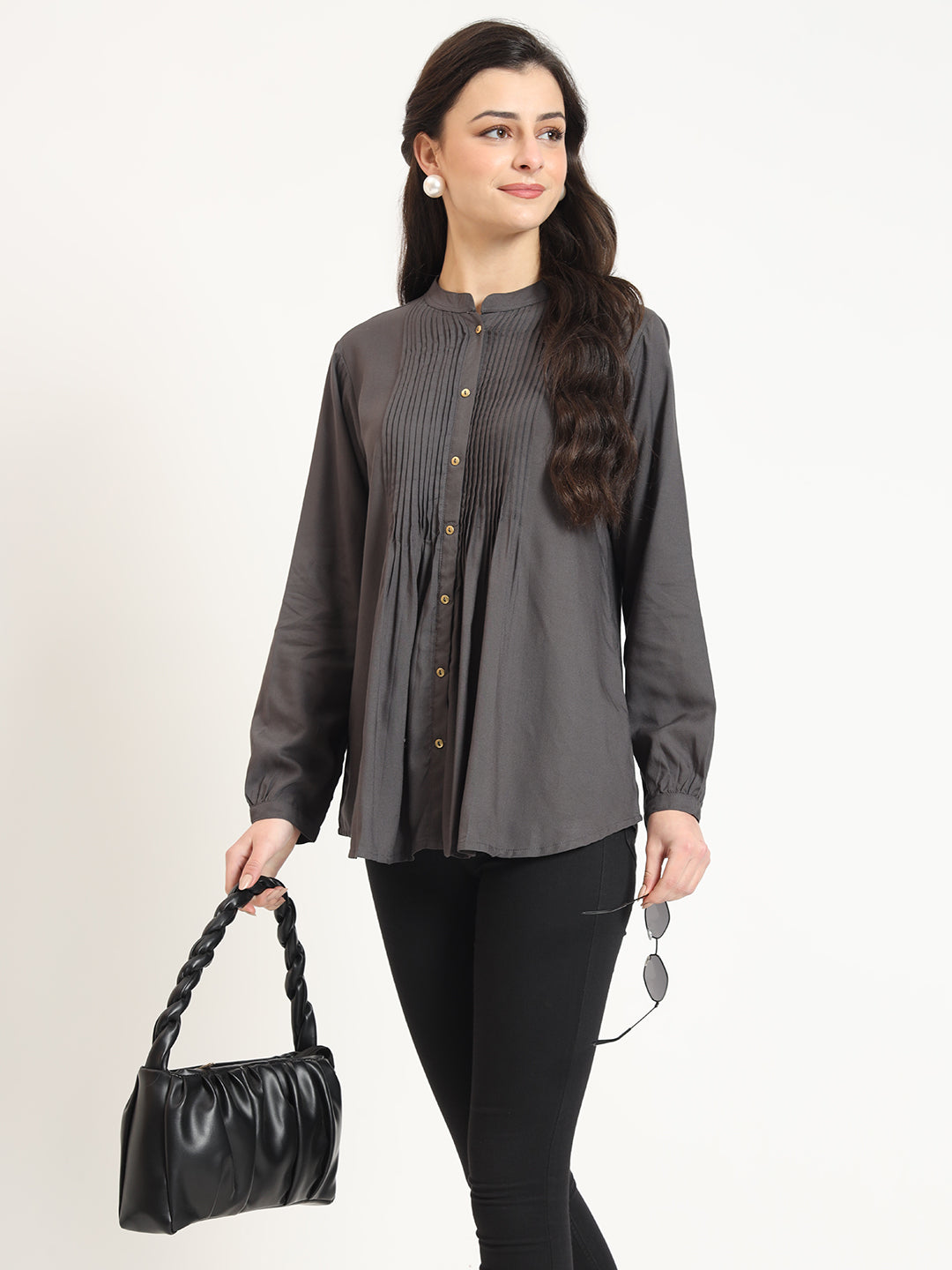 ESHANI Grey Solid Print Rayon Fabric Straight Top